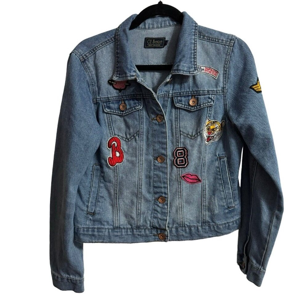 Ci Sono Girls Jean Jacket, size Large distressed Patches Cute!
